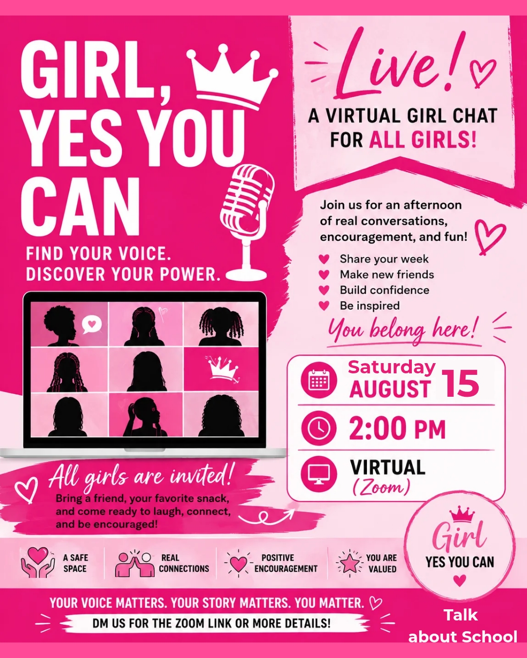 Girl Yes You Can Live! Back to School virtual girl chat, Saturday August 15 at 2 PM on Zoom